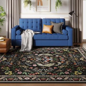Living Room Rug 6x9 Rug Machine Washable Area Rug Floral Non-Slip Low Pile Large Rug for Living Room